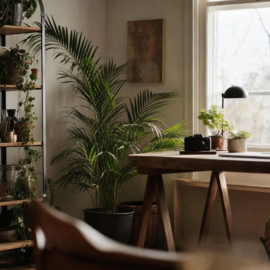 A bright, plant-filled corner of a home studio